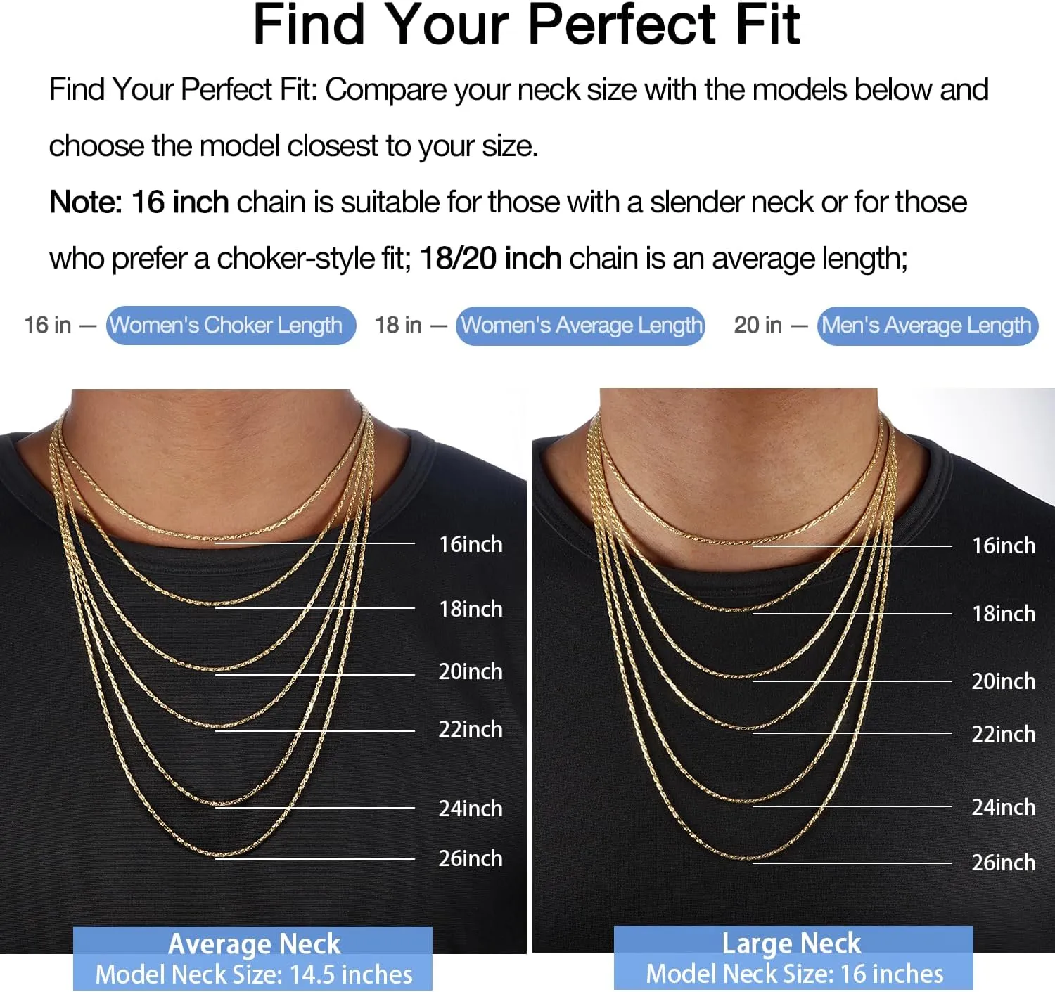 Jewlpire 14K Gold Rope Chain Necklace for Men Women, 2.5mm 3mm 4mm Mens Necklace Stainless Steel Rope Chain for Men Sturdy & Comfortable Men's Chain Necklaces, 16 18 20 22 24 26 Inch