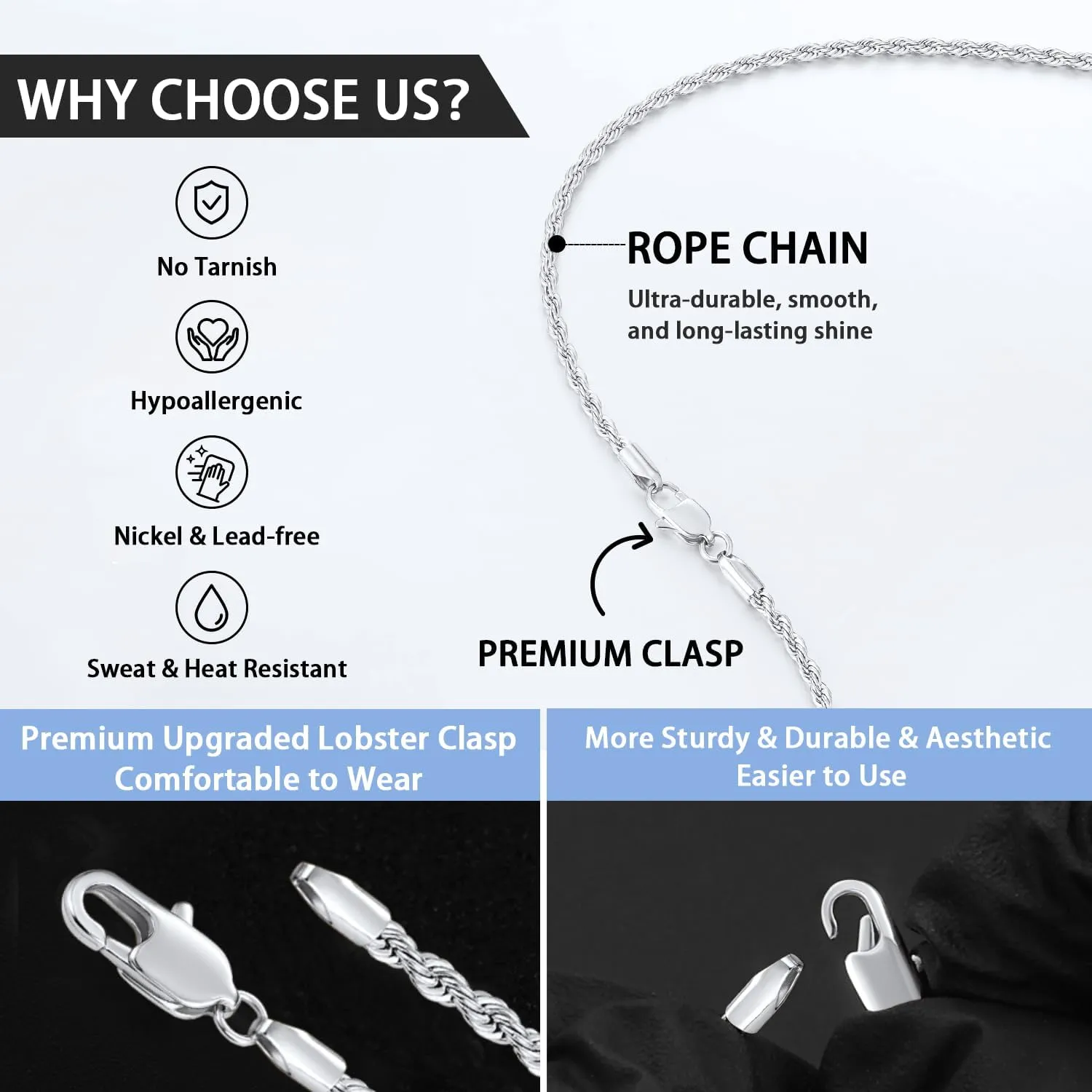Jewlpire 14K Gold Rope Chain Necklace for Men Women, 2.5mm 3mm 4mm Mens Necklace Stainless Steel Rope Chain for Men Sturdy & Comfortable Men's Chain Necklaces, 16 18 20 22 24 26 Inch