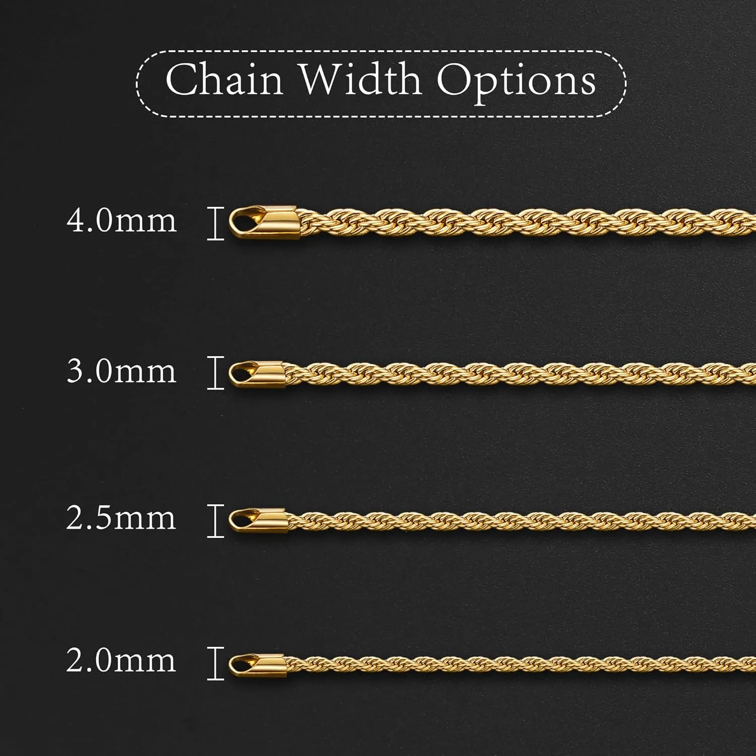 Jewlpire 14K Gold Rope Chain Necklace for Men Women, 2.5mm 3mm 4mm Mens Necklace Stainless Steel Rope Chain for Men Sturdy & Comfortable Men's Chain Necklaces, 16 18 20 22 24 26 Inch
