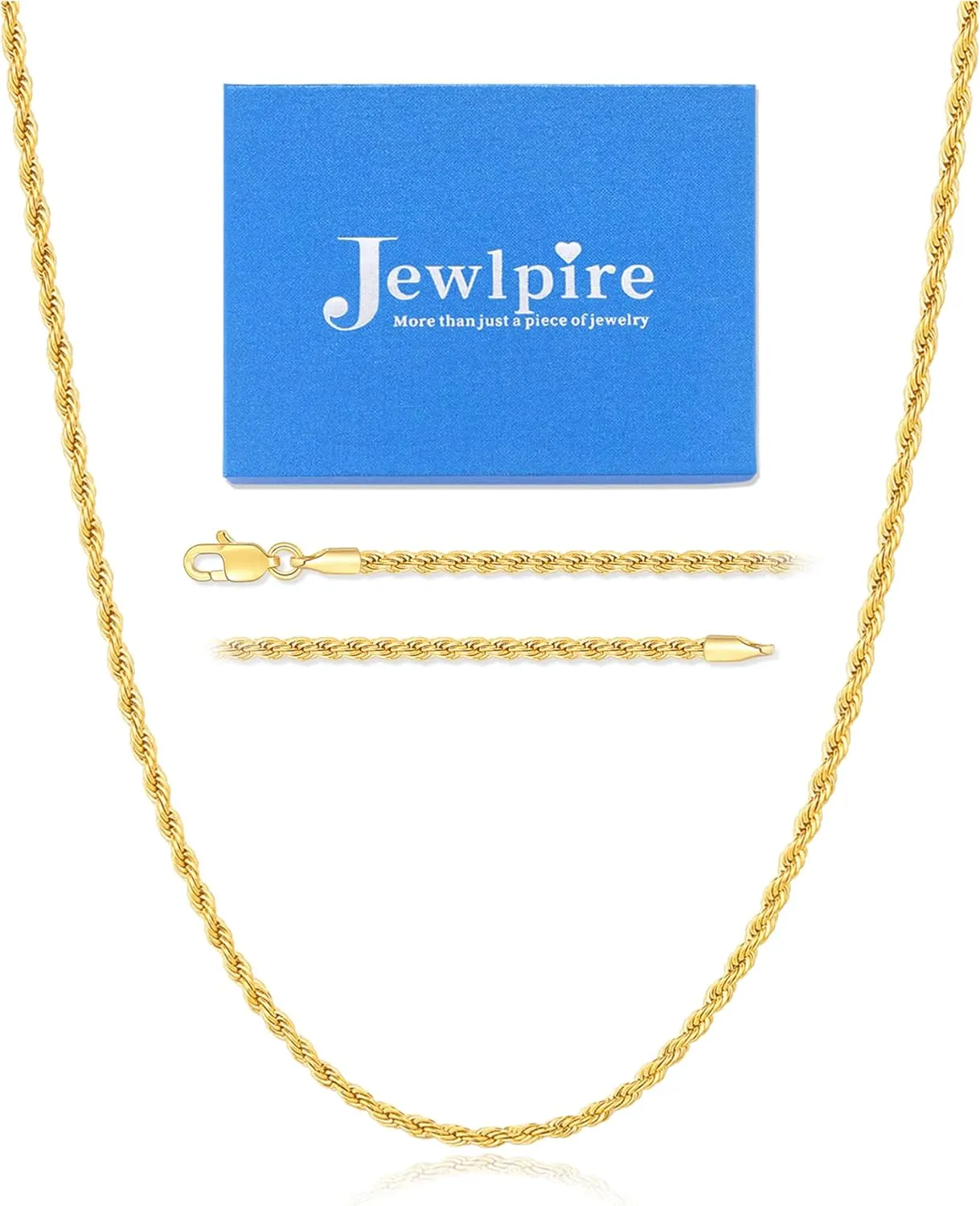 Jewlpire 14K Gold Rope Chain Necklace for Men Women, 2.5mm 3mm 4mm Mens Necklace Stainless Steel Rope Chain for Men Sturdy & Comfortable Men's Chain Necklaces, 16 18 20 22 24 26 Inch