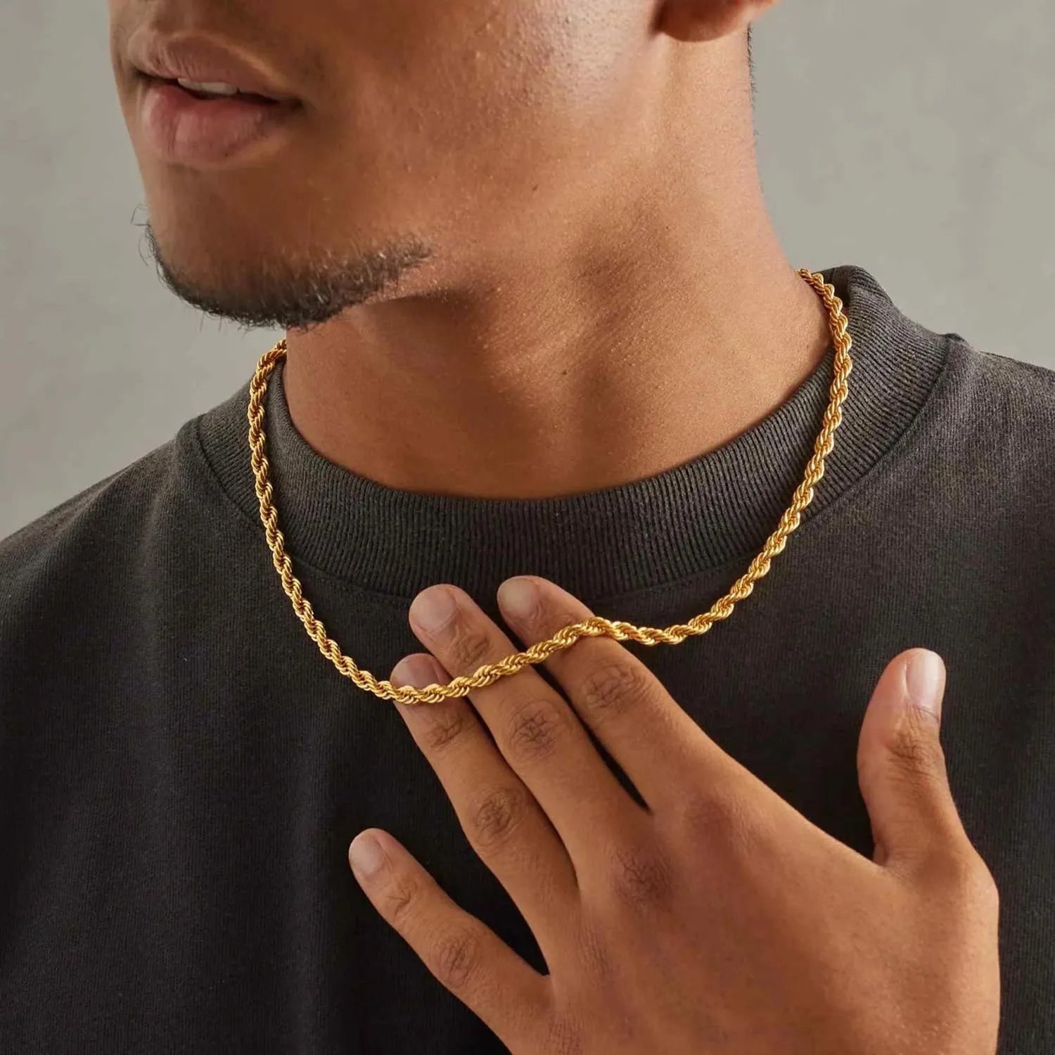 Jewlpire 14K Gold Rope Chain Necklace for Men Women, 2.5mm 3mm 4mm Mens Necklace Stainless Steel Rope Chain for Men Sturdy & Comfortable Men's Chain Necklaces, 16 18 20 22 24 26 Inch