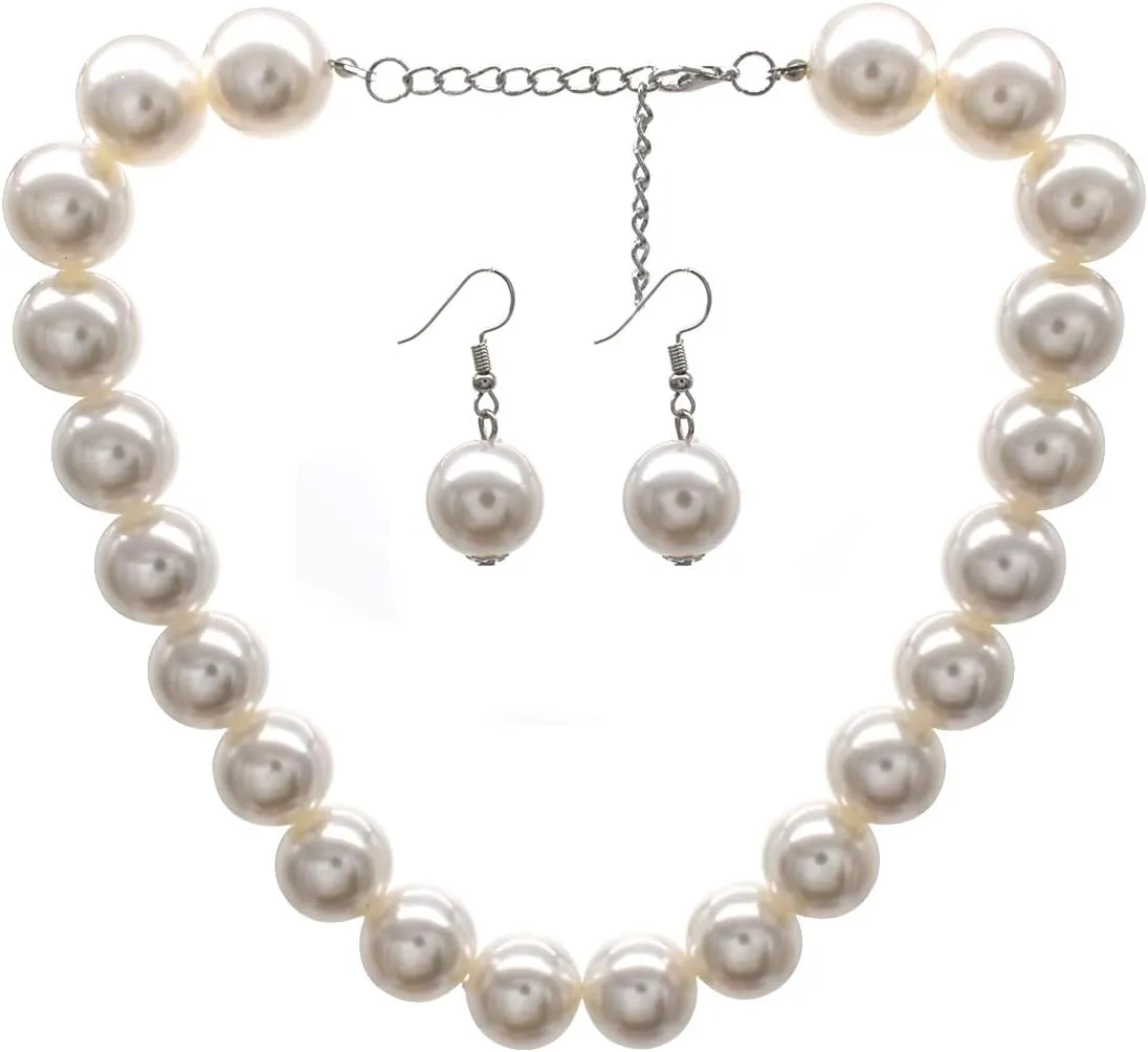 JNF Big Faux Pearl Choker Necklace for Women1920s Long Pearl Necklace Chunky Pearl Necklace and Earring Set Large Pearls Costume Necklace Gatsby