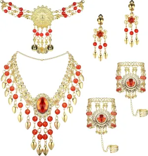 JOERICA Gold Plated Belly Dance Jewelry Set for Women Head Jewelry Triangle Bracelet Rings Statement Necklace Clip on Earrings Indian Bollywood Style Halloween Party Costume