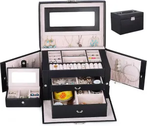 Kendal Jewelry Box with lock for Women - Ring Holder Lockable Jewellery Storage Boxes Organizer for Teen Girl Valet Earring Necklace Bracelet Watches,Mothers Day Gift(Black,One Travel Case)