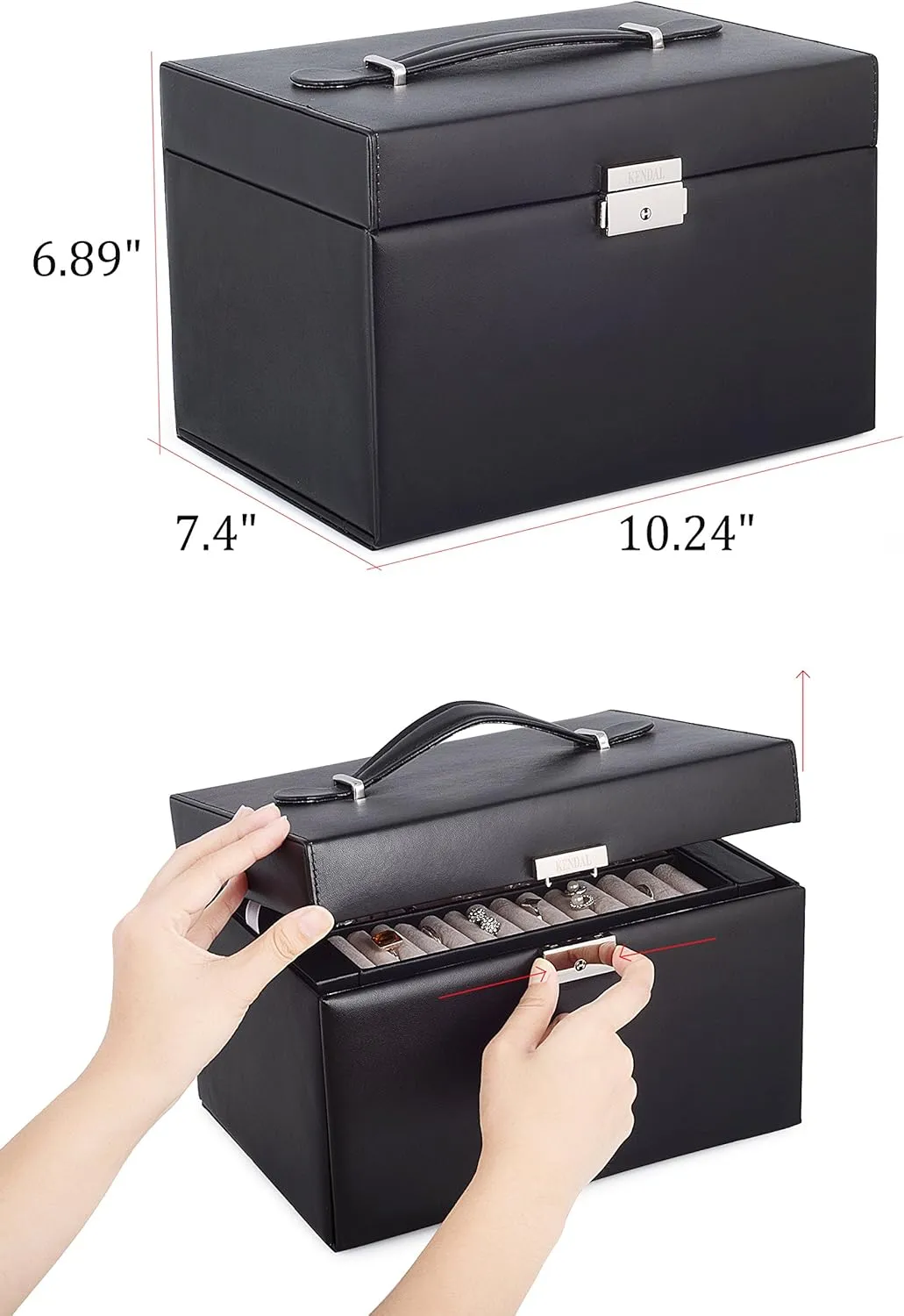 Kendal Jewelry Box with lock for Women - Ring Holder Lockable Jewellery Storage Boxes Organizer for Teen Girl Valet Earring Necklace Bracelet Watches,Mothers Day Gift(Black,One Travel Case)