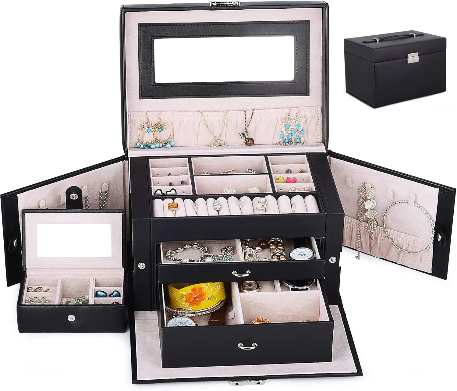 Kendal Jewelry Box with lock for Women - Ring Holder Lockable Jewellery Storage Boxes Organizer for Teen Girl Valet Earring Necklace Bracelet Watches,Mothers Day Gift(Black,One Travel Case)