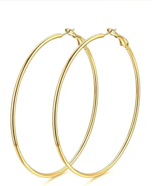 KeyStyle Gold Hoop Earrings for Women, Stainless Steel Hoops Earring Lightweight Loops, 2 mm Thick Hypoallergenic Circle Endless Thin Hoop (30 mm,50 mm,70 mm,100 mm)