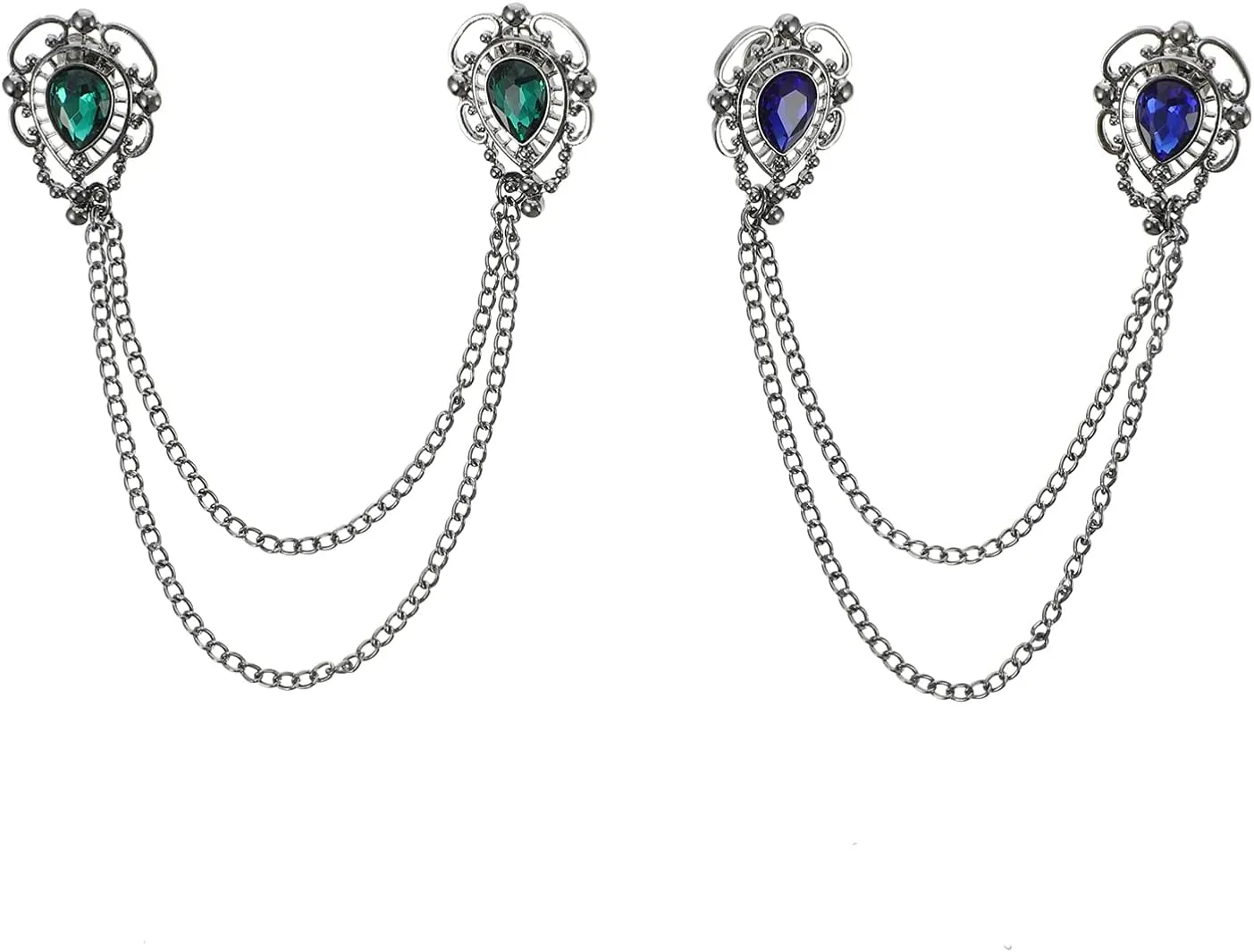 Kisangel 2pcs Mens Gem Brooch Lapel Pin Badge with Hanging Chains Alloy Metal Crystal Collar Brooches Pin for Career Suit Tie Hat Scarf Fathers Day Birthday Blue Green