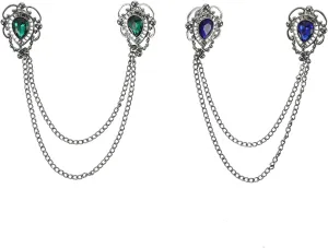 Kisangel 2pcs Mens Gem Brooch Lapel Pin Badge with Hanging Chains Alloy Metal Crystal Collar Brooches Pin for Career Suit Tie Hat Scarf Fathers Day Birthday Blue Green