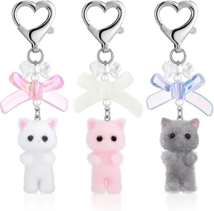 Kitty Keychain Cute Cat Keychain Heart Kawaii Fuzzy Kitten Bow Pearl Pendent for Women Bag Charm Cat Lover Y2K
