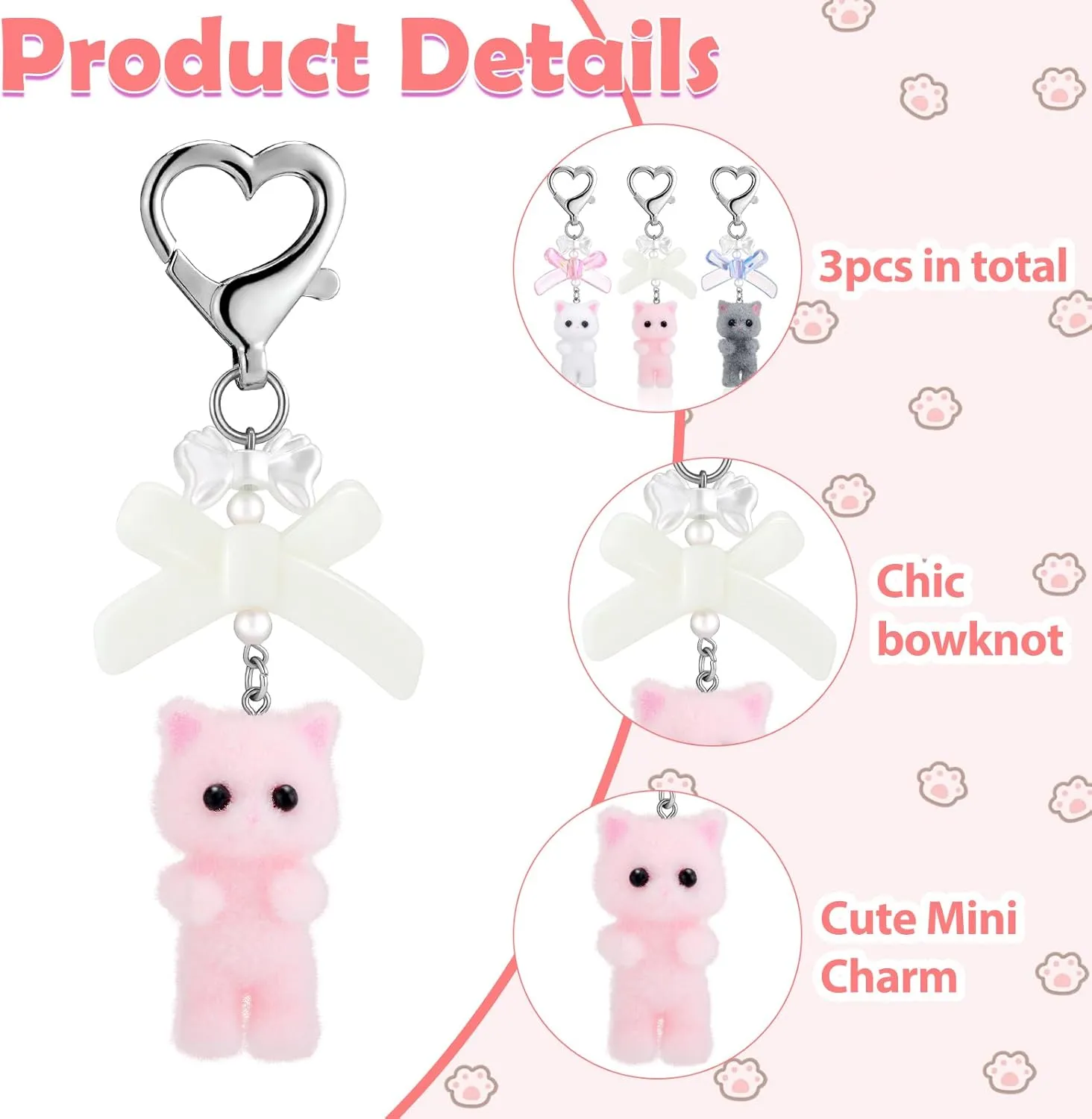 Kitty Keychain Cute Cat Keychain Heart Kawaii Fuzzy Kitten Bow Pearl Pendent for Women Bag Charm Cat Lover Y2K