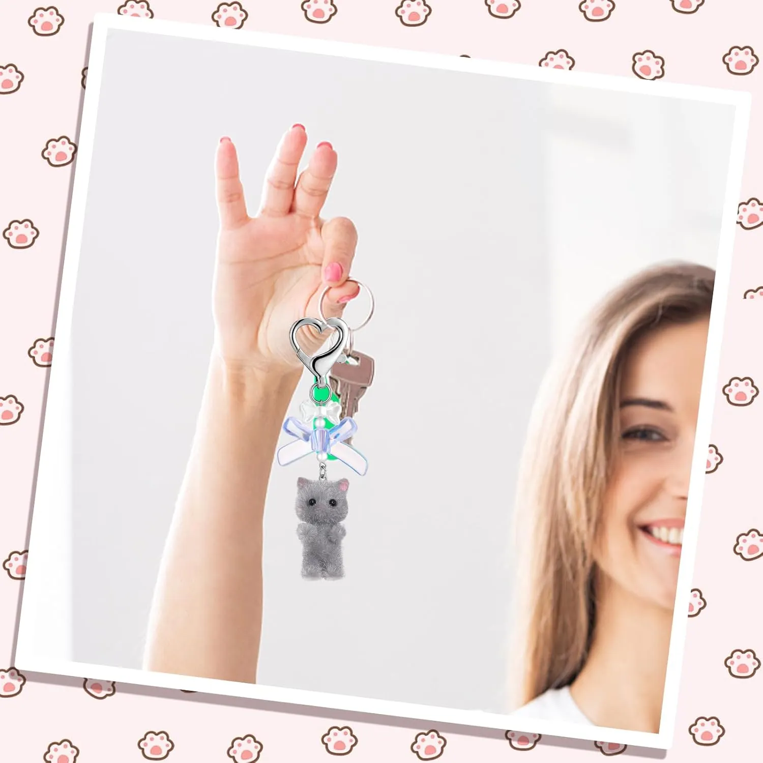 Kitty Keychain Cute Cat Keychain Heart Kawaii Fuzzy Kitten Bow Pearl Pendent for Women Bag Charm Cat Lover Y2K
