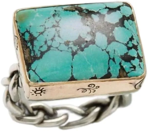KOICCVQQ Creative Square Shape Turquoise Ring Carve Cute Novel Tiny Pattern Unique Twisted Design Ring Handmade Grinding Bohemia Exotic Formal Ring Behave Gracefully Jewelry Business Size 10