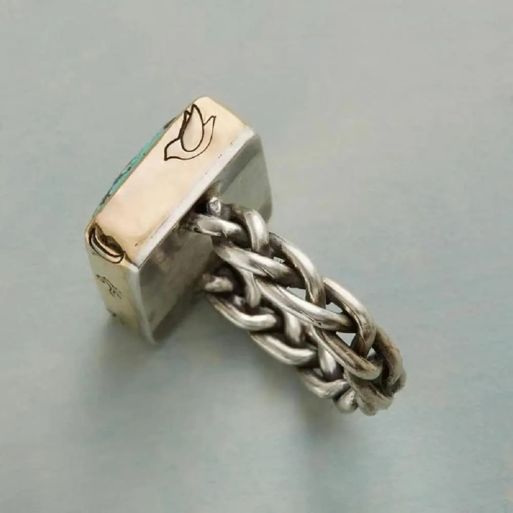 KOICCVQQ Creative Square Shape Turquoise Ring Carve Cute Novel Tiny Pattern Unique Twisted Design Ring Handmade Grinding Bohemia Exotic Formal Ring Behave Gracefully Jewelry Business Size 10