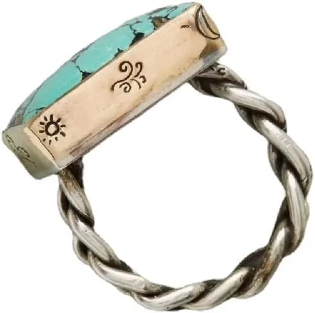 KOICCVQQ Creative Square Shape Turquoise Ring Carve Cute Novel Tiny Pattern Unique Twisted Design Ring Handmade Grinding Bohemia Exotic Formal Ring Behave Gracefully Jewelry Business Size 10