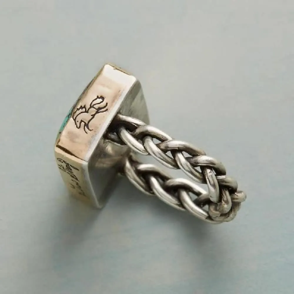 KOICCVQQ Creative Square Shape Turquoise Ring Carve Cute Novel Tiny Pattern Unique Twisted Design Ring Handmade Grinding Bohemia Exotic Formal Ring Behave Gracefully Jewelry Business Size 10