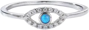 Lab-Grown Blue Opal Evil Eye Ring with White Cz Accents in Rhodium October Birthstone 925 Sterling Silver Jewelry Gift For Women, Sizes 6, 7, 8