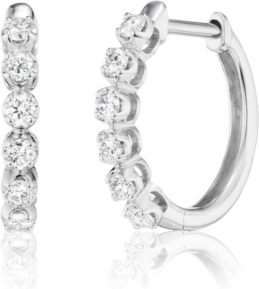 Lab Grown Diamond Huggie Hoop Earrings for Women I 10k White Gold Earrings for Her I IGI Certified 1/3 to 1/2 Carat Diamonds (I-J, SI1-SI2, cttw) Hinged Hoops