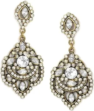 Large Antique Gold Tone Art Deco Retro Gatsby Vintage Chandelier Style Bridal Wedding Rhinestone Earrings