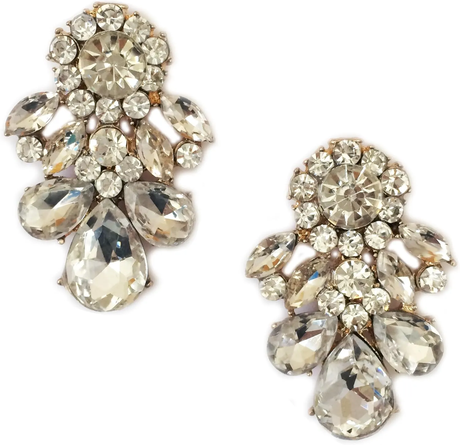 Large Clear Rhinestone Gold Tone Art Deco Antique Vintage Style Imitation Diamond Wedding Bridal Prom Earrings