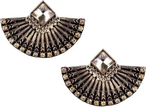 Large Gold Tone Amber Citrine Yellow Topaz Art Deco Antique Vintage Style Flapper Fan Rhinestone Wedding Bridal Prom Statement Earrings