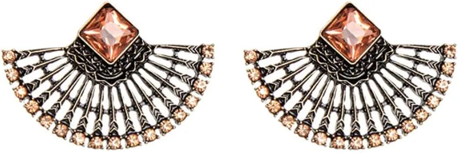 Large Gold Tone Pink Peach Art Deco Antique Vintage Style Flapper Fan Rhinestone Wedding Bridal Prom Statement Earrings