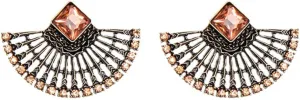 Large Gold Tone Pink Peach Art Deco Antique Vintage Style Flapper Fan Rhinestone Wedding Bridal Prom Statement Earrings