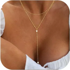 Lariat Gold Necklace for Women,Gold Plated Y-Shaped Layered Chain Necklace Dainty Beaded Long Chain Trendy Non-Tarnish Jewelry