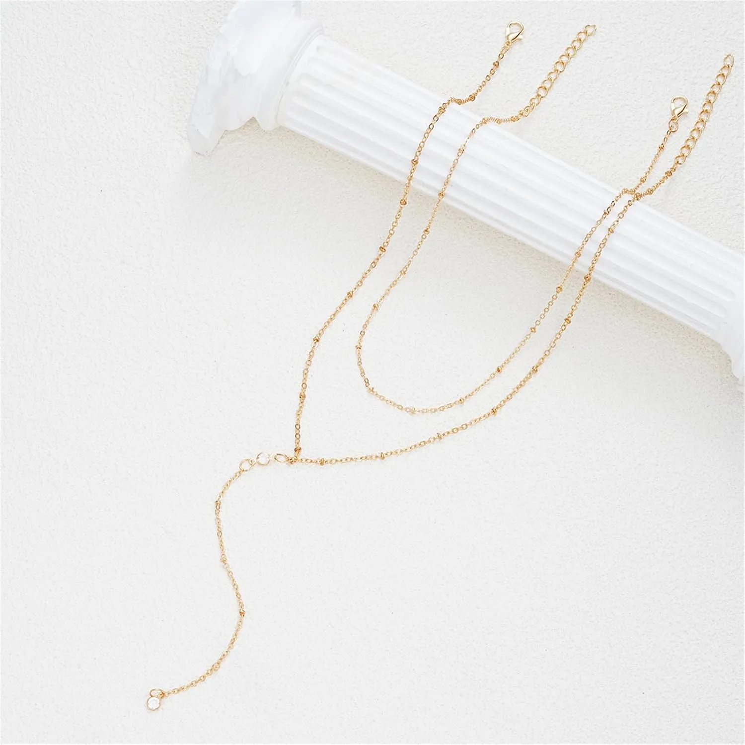 Lariat Gold Necklace for Women,Gold Plated Y-Shaped Layered Chain Necklace Dainty Beaded Long Chain Trendy Non-Tarnish Jewelry