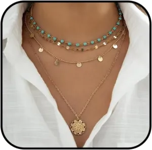 Layered Boho Necklace for Women Gold Turquoise Coin Pendant Necklace Bohemian Beaded Choker Necklace Country Concert Outfits Renaissance Accessories Jewelry