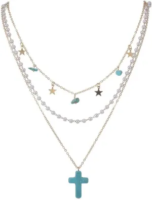 Layered Cross Necklace Multilayer Turquoise Cross Pearl Beaded Beads Necklace Choker Y2k Star Tassel Necklace for Women Jewelry