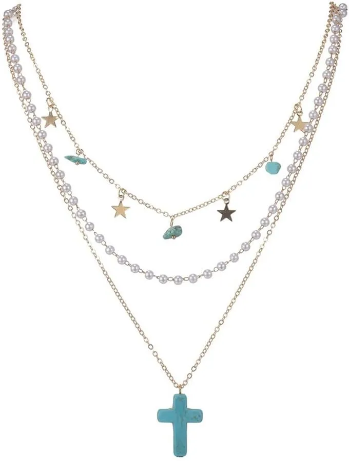 Layered Cross Necklace Multilayer Turquoise Cross Pearl Beaded Beads Necklace Choker Y2k Star Tassel Necklace for Women Jewelry
