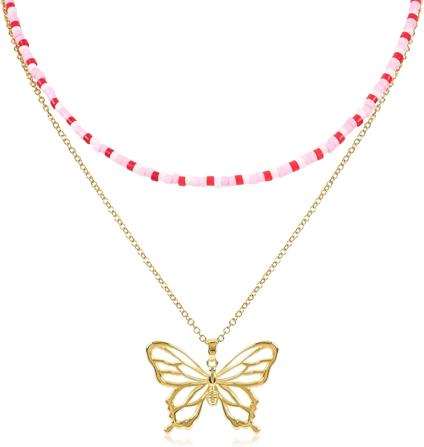 Layered Gold Hollow Butterfly Necklace for Women with Pink Beaded Choker 14K Gold Plated Butterfly Pendant Glass Seed Beads Choker Necklace Butterfly Charm Adjustable Trendy Party Jewelry Gift for Women
