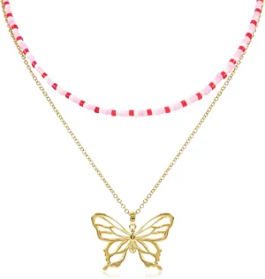 Layered Gold Hollow Butterfly Necklace for Women with Pink Beaded Choker 14K Gold Plated Butterfly Pendant Glass Seed Beads Choker Necklace Butterfly Charm Adjustable Trendy Party Jewelry Gift for Women