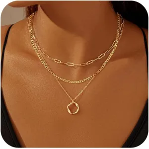 Layered Gold Necklace for Women,Stack 14k Gold Plated Choker Necklace Set Non Tarnish Paperclip Gold Jewelry Trendy Simple Pendant Necklace for Women Gift