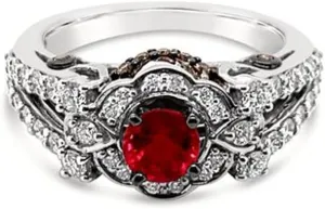 LE VIAN 2/3 Carat Vanilla Diamond and 1/10 Carat Chocolate Diamond Engagement Ring for Women I 14k White Gold Ring with 1 1/4 Carat Round Cut Ruby (H-I/Brown, VS2-SI1, 0.79 cttw) Wedding Band Size 7
