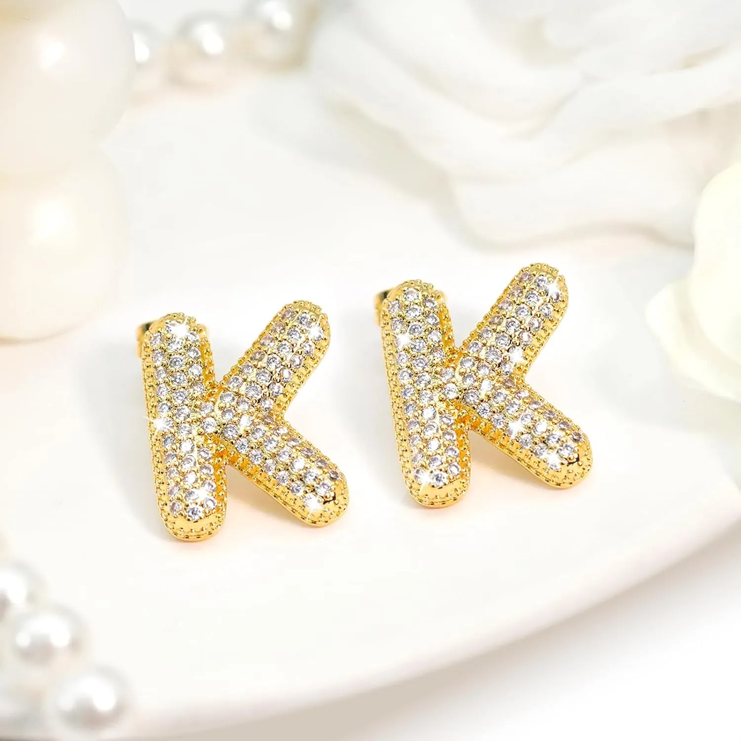 Letter Earrings for Women Sparkly CZ Initial Earrings Stud Gold Plated Alphabet A-Z Earring Birthday Party Statement Engagement Jewelry