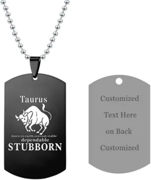 LF Stainless Steel Personalized Name Date Custom Taurus Zodiac Sign Necklaces Customised Constellation Necklace Taurus Dog Tag Pendant for Husband,Wife,Boyfriend,Girlfriend for Birthday Gift