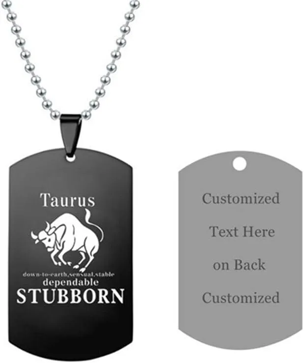 LF Stainless Steel Personalized Name Date Custom Taurus Zodiac Sign Necklaces Customised Constellation Necklace Taurus Dog Tag Pendant for Husband,Wife,Boyfriend,Girlfriend for Birthday Gift