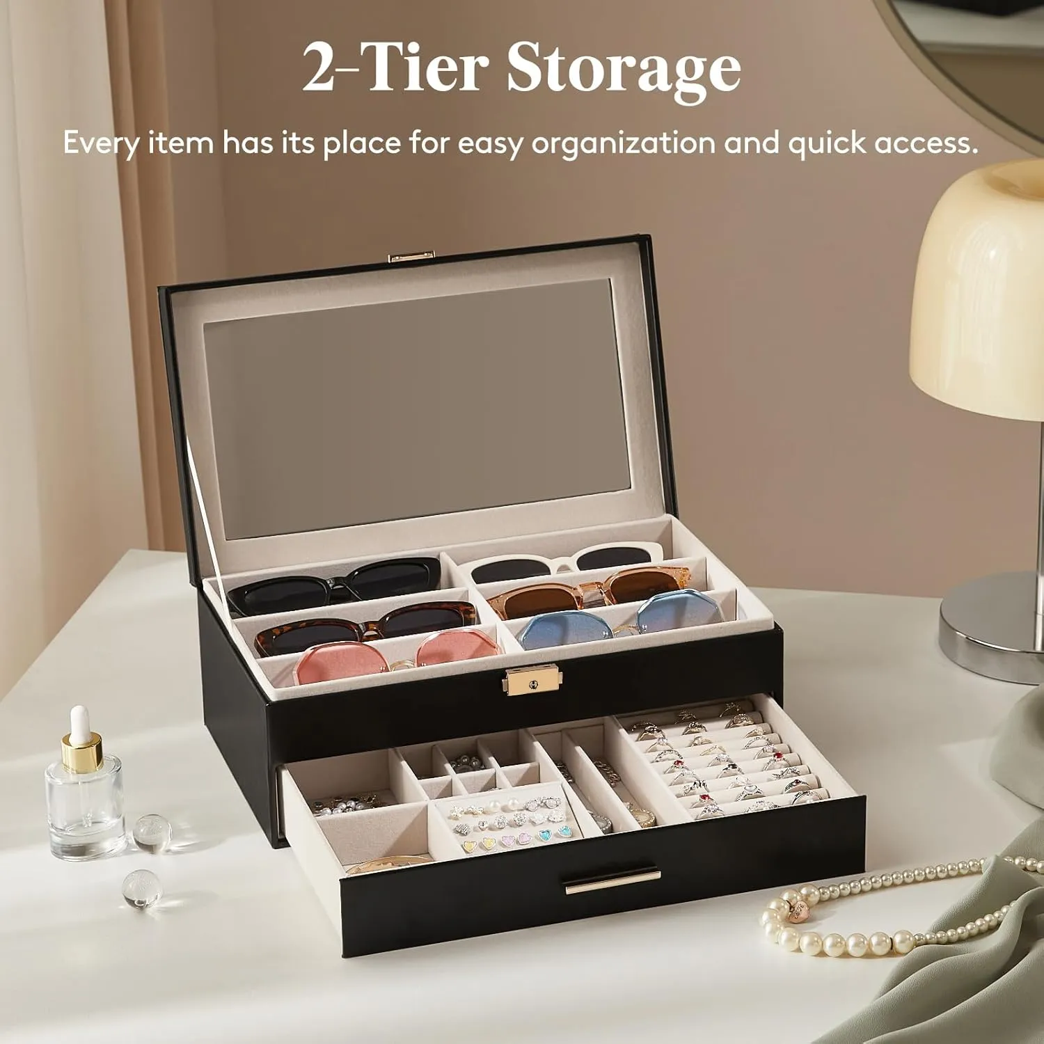 Lifewit 2-layer Jewelry Box for 6 Slots Sunglasses Organizer, Storage for Bracelet, Necklace, ring, Multiple Eyeglasses Display Case for Women Girl, Gift Idea, Chic Black