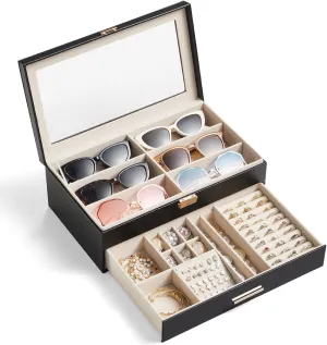 Lifewit 2-layer Jewelry Box for 6 Slots Sunglasses Organizer, Storage for Bracelet, Necklace, ring, Multiple Eyeglasses Display Case for Women Girl, Gift Idea, Chic Black
