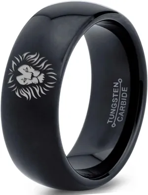 Lion Lioness Panthera Leo Ring - Tungsten Band 8mm - Men - Women - 18k Rose Gold Step Bevel Edge - Yellow - Grey - Blue - Black - Brushed - Polished - Wedding - Gift Dome Flat Cut