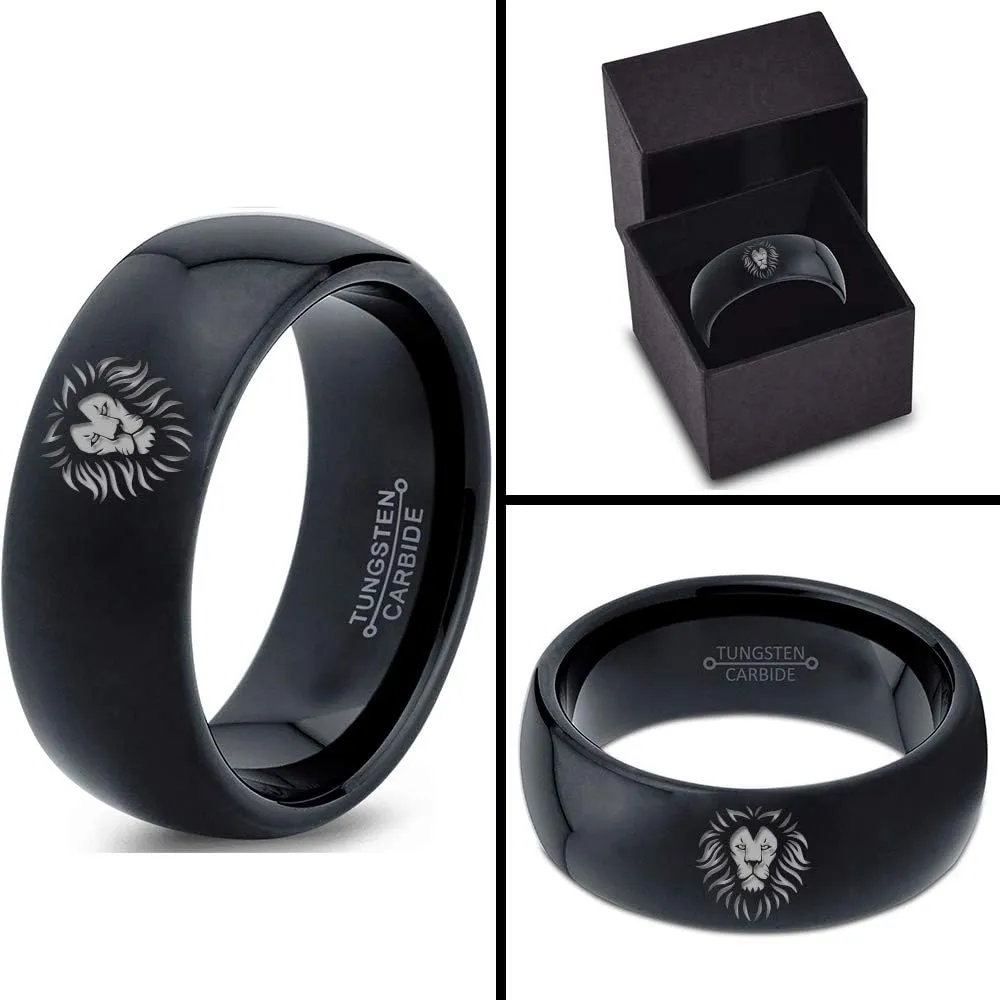 Lion Lioness Panthera Leo Ring - Tungsten Band 8mm - Men - Women - 18k Rose Gold Step Bevel Edge - Yellow - Grey - Blue - Black - Brushed - Polished - Wedding - Gift Dome Flat Cut