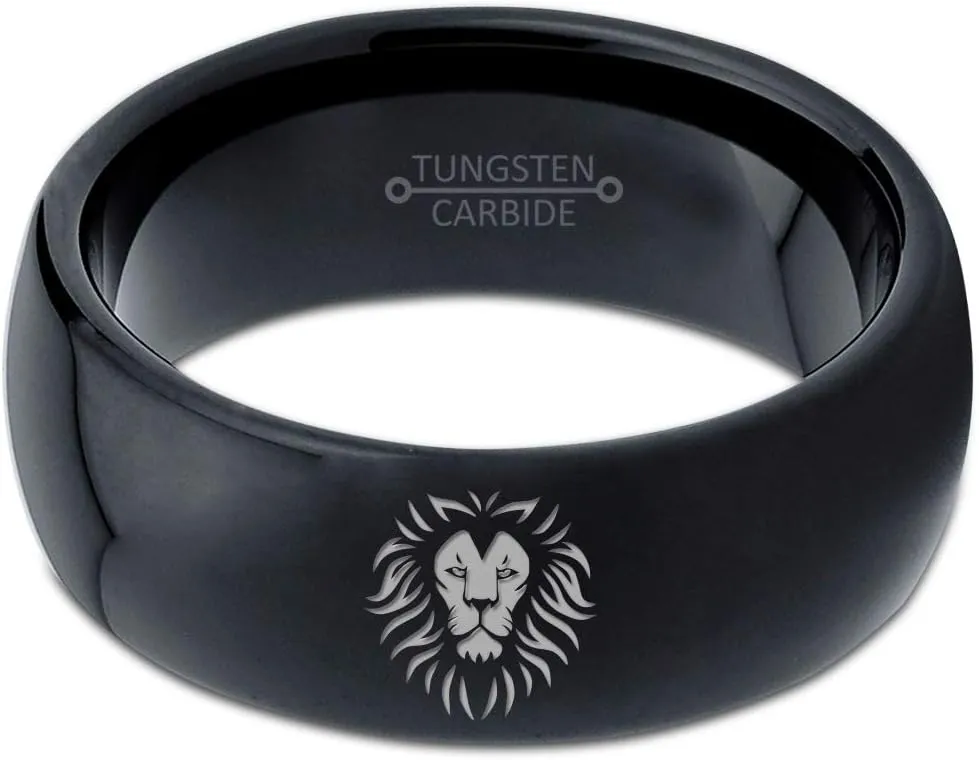 Lion Lioness Panthera Leo Ring - Tungsten Band 8mm - Men - Women - 18k Rose Gold Step Bevel Edge - Yellow - Grey - Blue - Black - Brushed - Polished - Wedding - Gift Dome Flat Cut