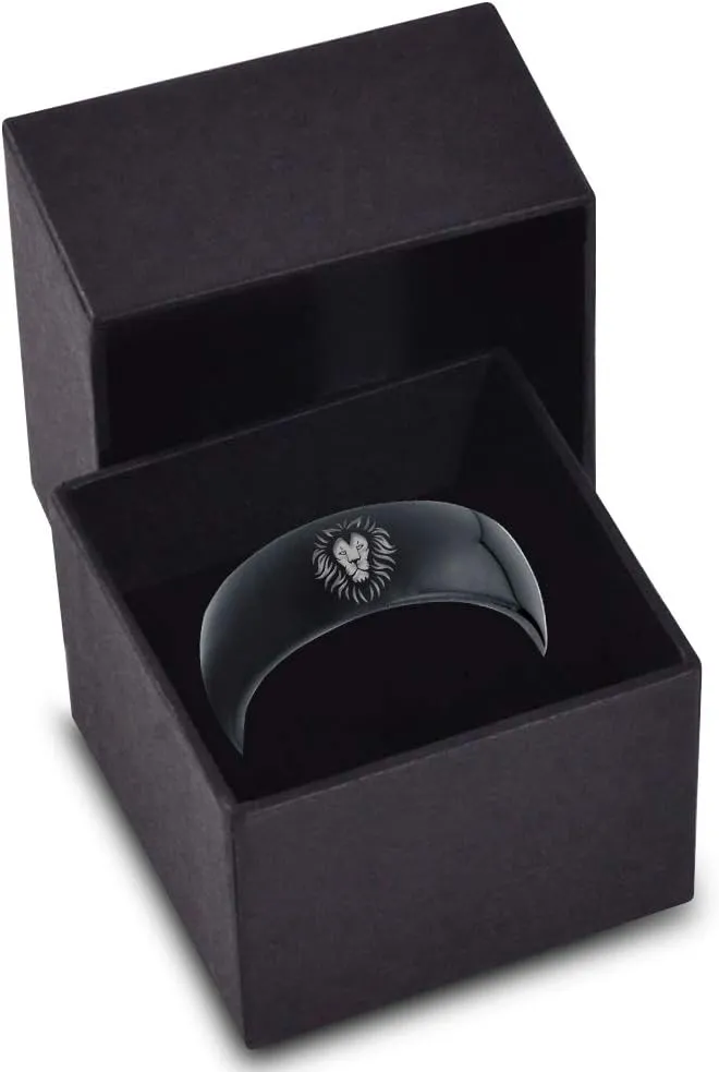 Lion Lioness Panthera Leo Ring - Tungsten Band 8mm - Men - Women - 18k Rose Gold Step Bevel Edge - Yellow - Grey - Blue - Black - Brushed - Polished - Wedding - Gift Dome Flat Cut