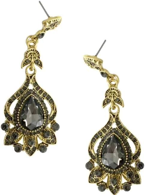 LONG Antique Art Deco Vintage Victorian Edwardian Flapper Gatsby Style Grey Smokey Quartz Slate Gray Rhinestone Earrings