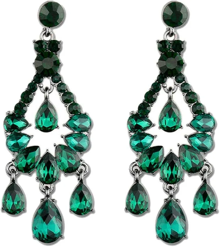 Long Art Deco Vintage Antique Retro Style Hunter Green Emerald Rhinestone Prom Drag Queen Statement Chandelier Earrings