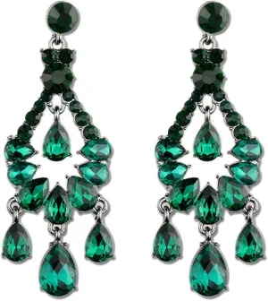 Long Art Deco Vintage Antique Retro Style Hunter Green Emerald Rhinestone Prom Drag Queen Statement Chandelier Earrings
