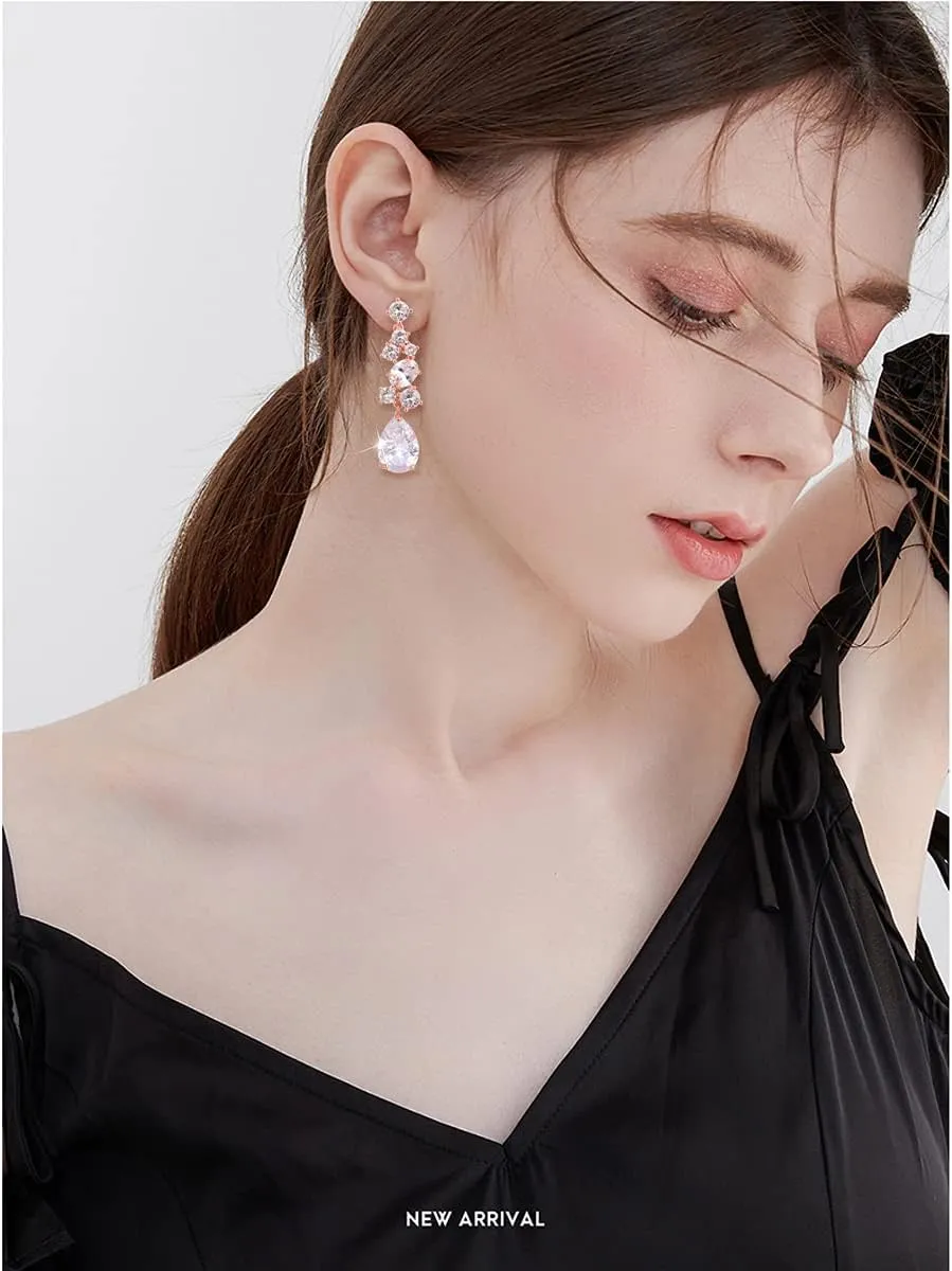 Long Cubic Zirconia Bridal Earrings - Sterling Silver Teardrop CZ Crystal Chandelier Cluster Dangle Drop Earrings for Women Girls Bridal Jewelry for Bride Bridesmaids Party Prom