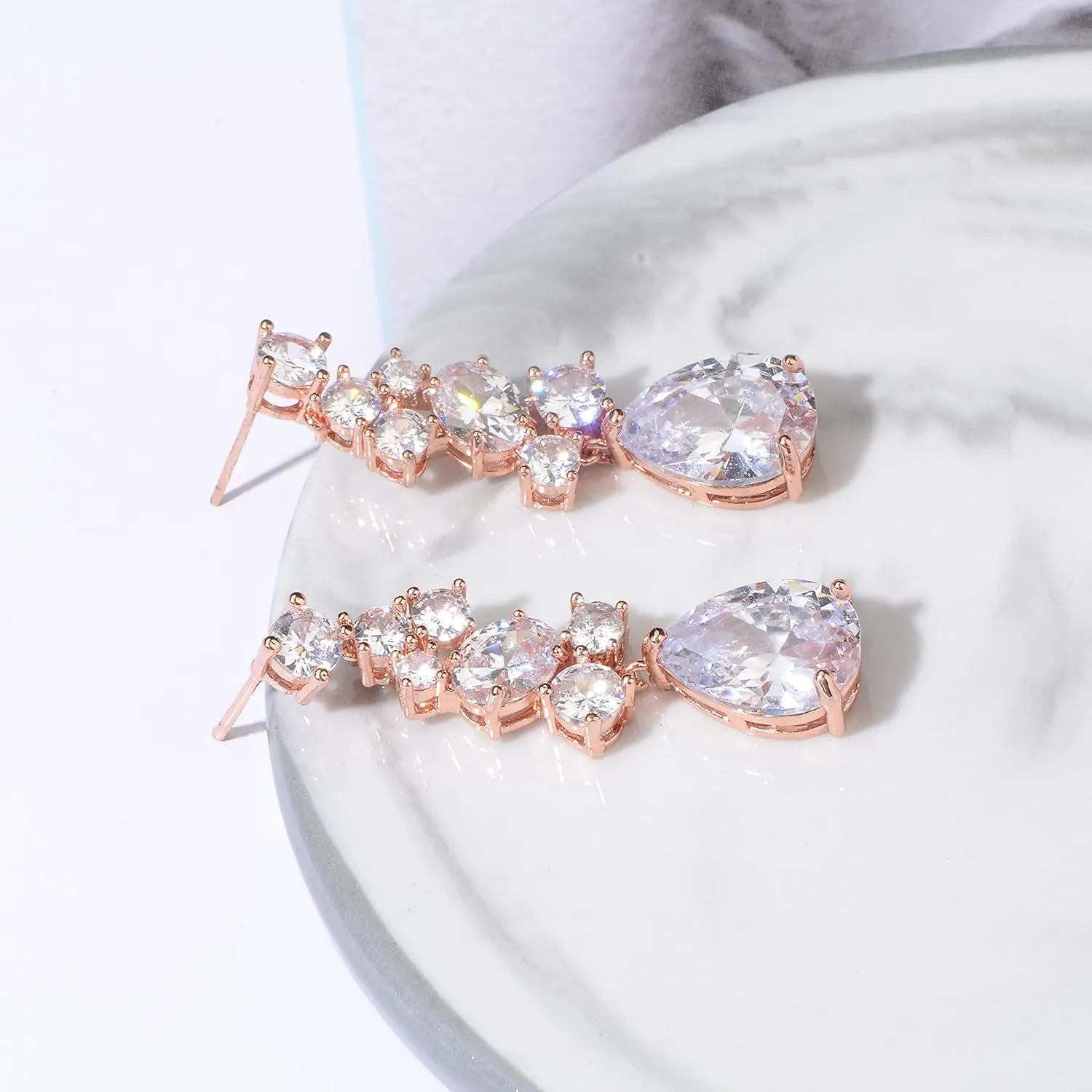 Long Cubic Zirconia Bridal Earrings - Sterling Silver Teardrop CZ Crystal Chandelier Cluster Dangle Drop Earrings for Women Girls Bridal Jewelry for Bride Bridesmaids Party Prom
